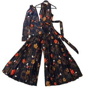 Vintage 70s Floral Leaf Jumpsuit Jacket Set Palazzo pant Pleated Wide Leg Disco